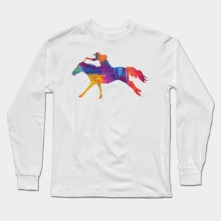 Cowgirl Riding a Running Horse with Rainbow Background Long Sleeve T-Shirt